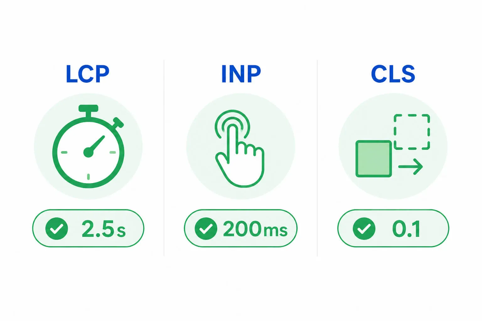 Diagram przedstawiający trzy metryki Core Web Vitals: LCP, INP i CLS